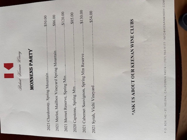 Robert Keenan tasting list