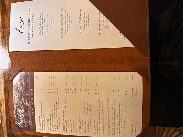 B. Wise Vineyards wine menu
