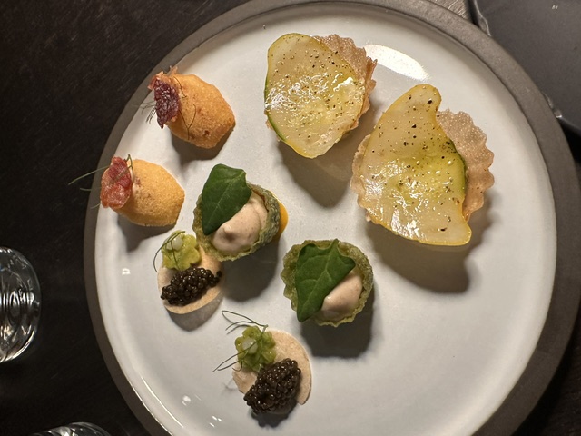 Assorted opening bites served during the Rose’s Luxury and 7 Adams guest chef dinner in San Francisco