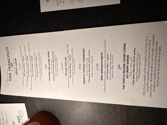 Six course menu from the Rose’s Luxury and 7 Adams collaboration dinner featuring chefs Aaron Silverman, Serena Chow Fisher and David Fisher